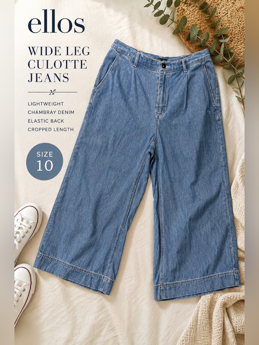 Ellos Wide Leg Chambray Culotte Jeans Elastic Back Size 10 Cropped - Picture 4 of 11